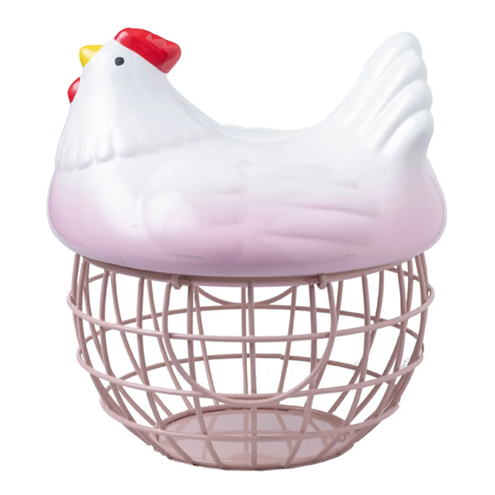 

Ceramic Egg Holder Handle Metal Chicken Ornament Home Decorative Fruit Storage Basket for Kitchen Organizer