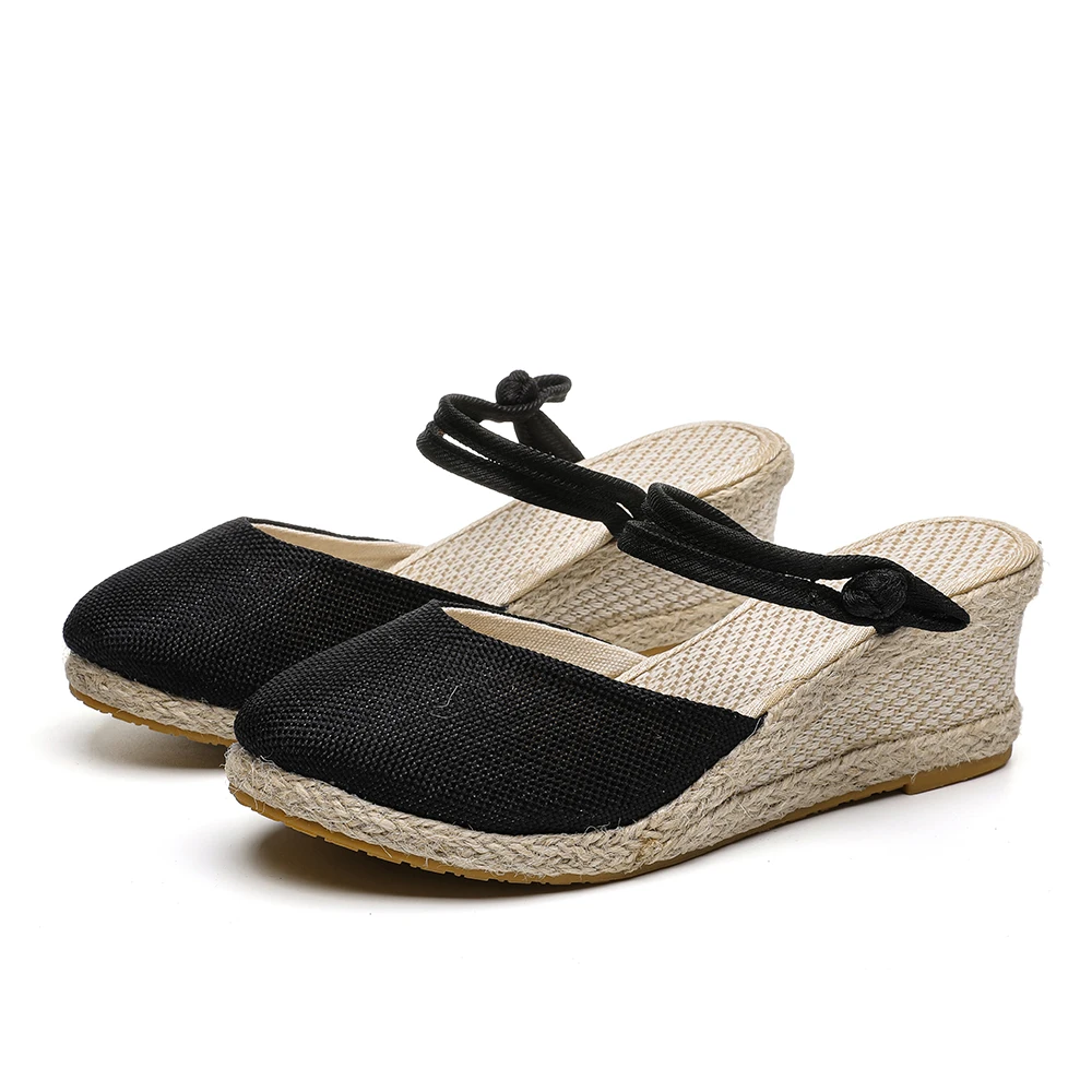 Фото Veowalk Summer Women Plain Linen Wedge Espadrilles Slides 6cm Heel Retro Comfortable Ladies Casual Sandals Mules Shoes Black Red №3