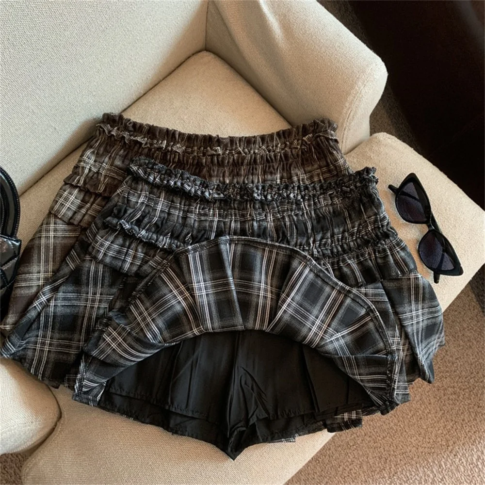 Женская мини-юбка с оборками клетчатая супер короткая юбка высокой талией в