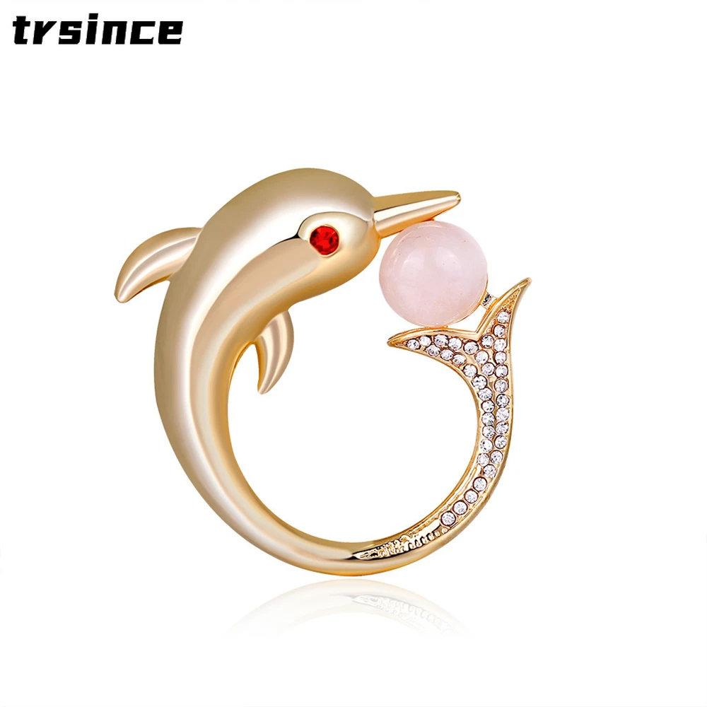 

Luxury Matt Gold Color Dolphin Brooch Corsage Fashion Female Silk Scarf Buckle Animal Crystal Brooches for Women Pink Pearl Pin