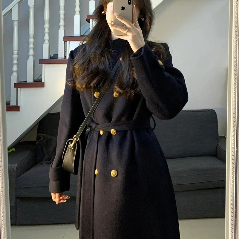 Осенне-зимнее твидовое пальто женское двубортное модное элегантное тонкое с