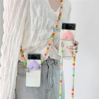 3d love heart candy color bead crossbody chain phone cases for samsung galaxy z flip 3 5g case hard pc clear back cover
