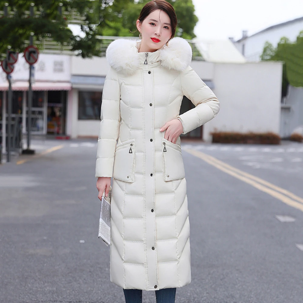 New Women Winter Down Coat Fashion Detachable Real Fox Fur Collar Thicken Slim Long Down Jacket White Duck Down Hooded Overcoat