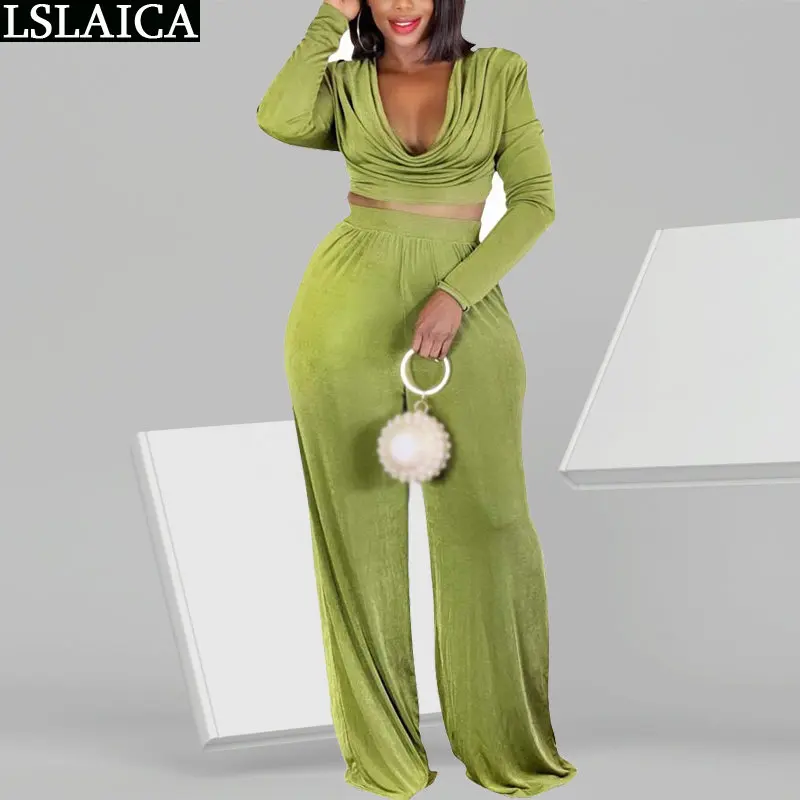 

Velvet Two Piece Set Swing Collar Long Sleeve Crop Top Wide Leg Pants Night Club Sexy Spring Fall Outfits Women Clothes Sets