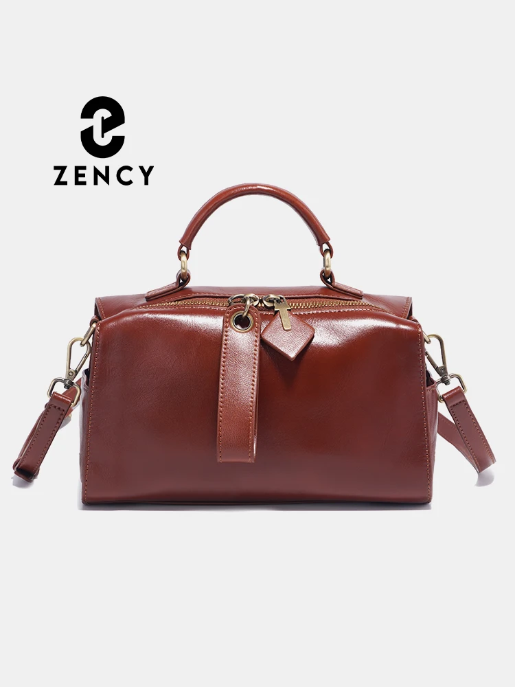 

Zency 2023 Oil Wax Leather Vintage Green Handbag Elegant Women Shoulder Bag Satchel Wide Strap Boston Bag Crossbody Strap Purse