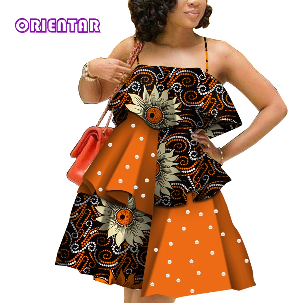 

Summer African Dresses for Women Ankara Off Shoulder Dress Strap Pleated Short Dress African Print Knee Length Dresses WY4721