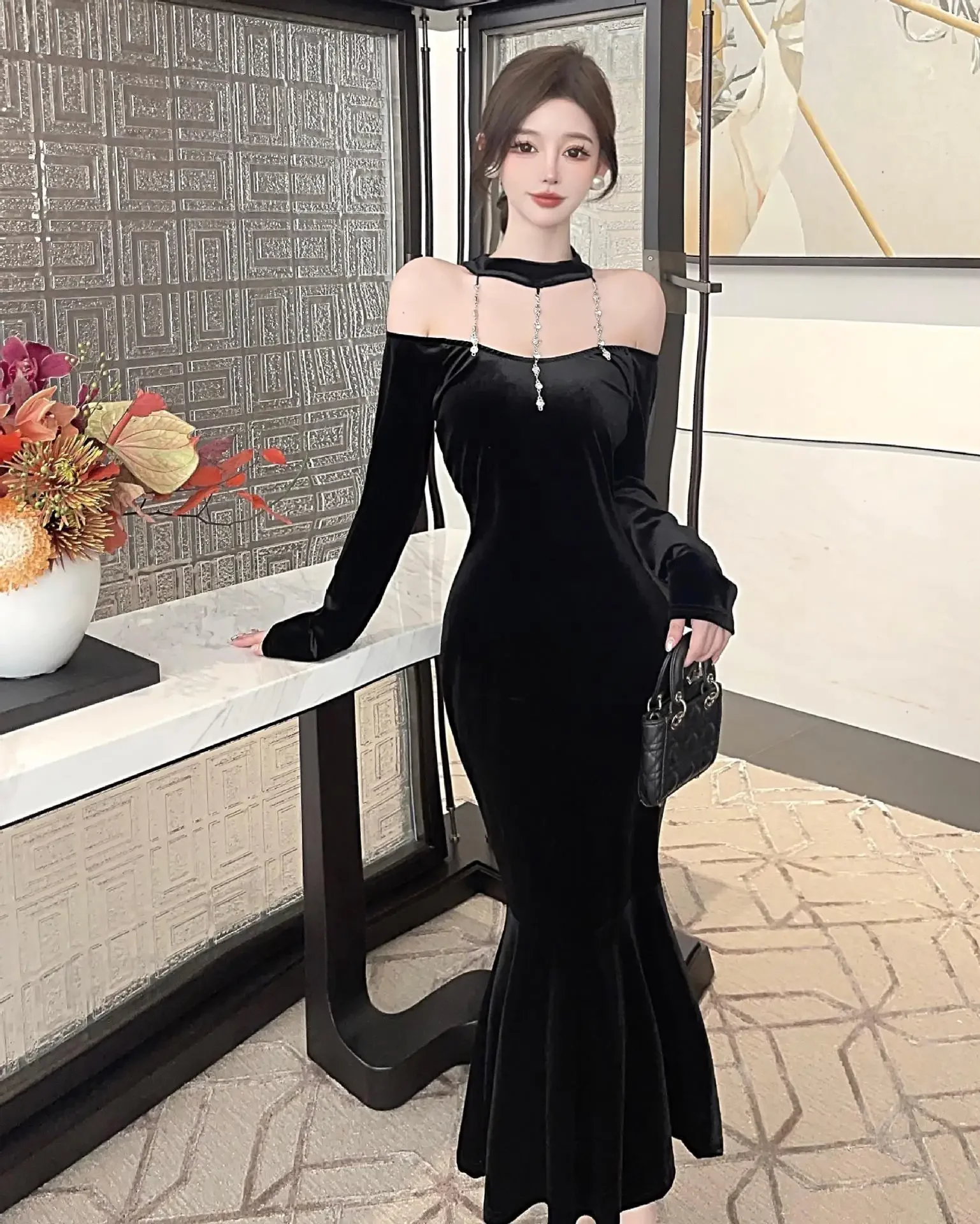 Винтажное бархатное платье женское черное платье-русалка для похудения