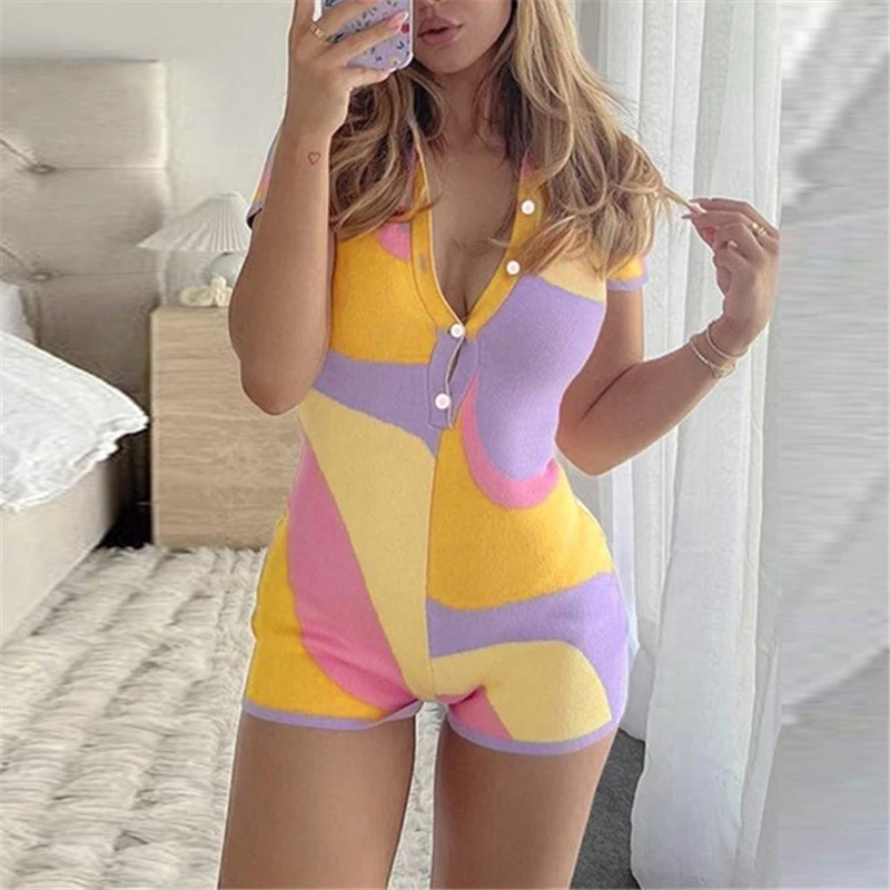 

Summer Women Overall Slim Contrast Color Single-breasted Short Sleeve T-shirt Style Women Playsuits Girl Shorts Jumpsuit Rompers