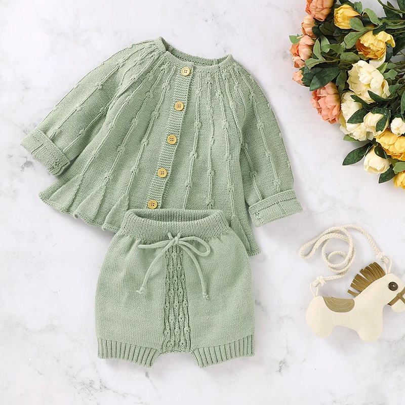 Baby Clothes Set Knitted Newborn Girl Boy Long Sleeve Sweater + Bandage Short 2PCS Infant Children Clothing Fashion Ruffles Fall