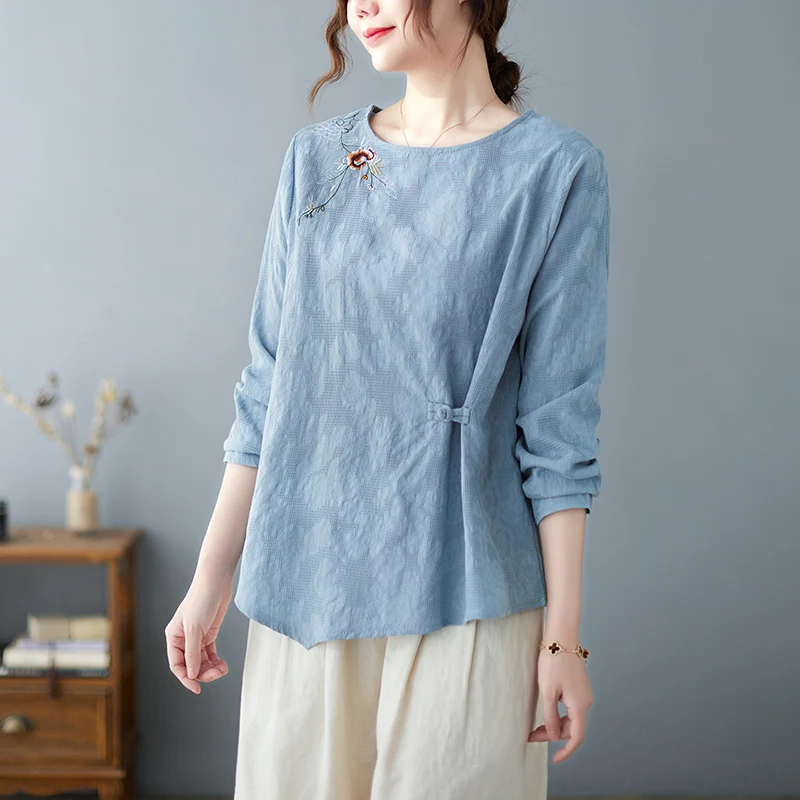 

Рубашка женская с вышивкой, модная однотонная Повседневная Свободная блузка с длинным рукавом, топ, офисная одежда, весна-лето