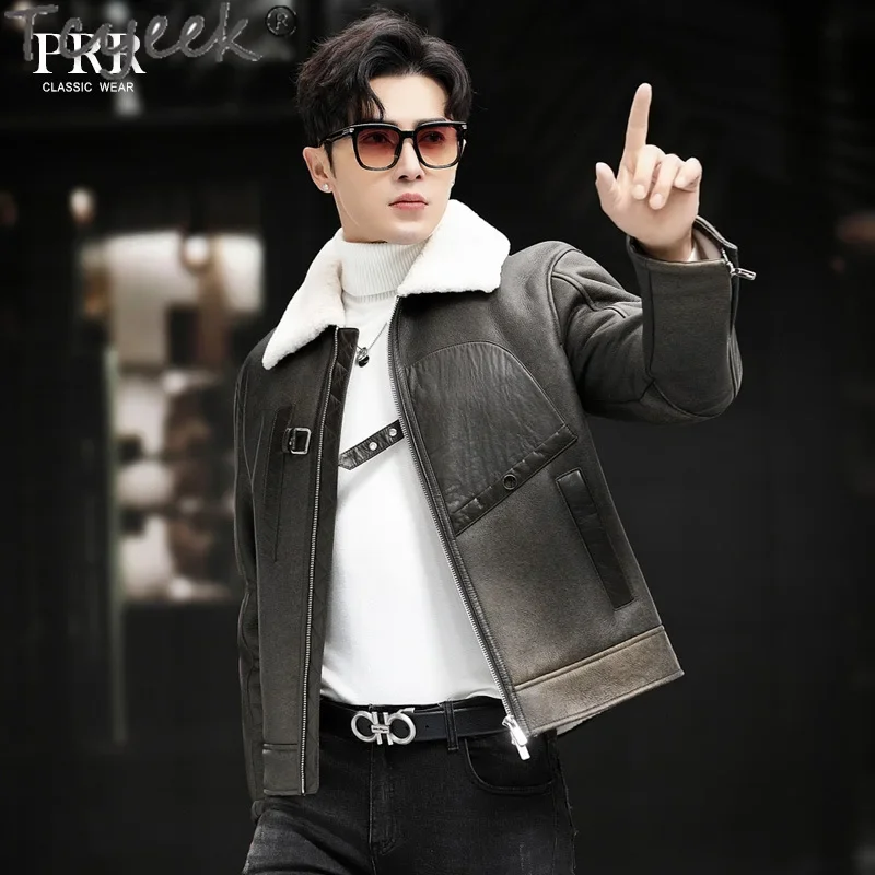 Tcyeek пальто из натурального овчины винтажная куртка натуральной кожи мужская