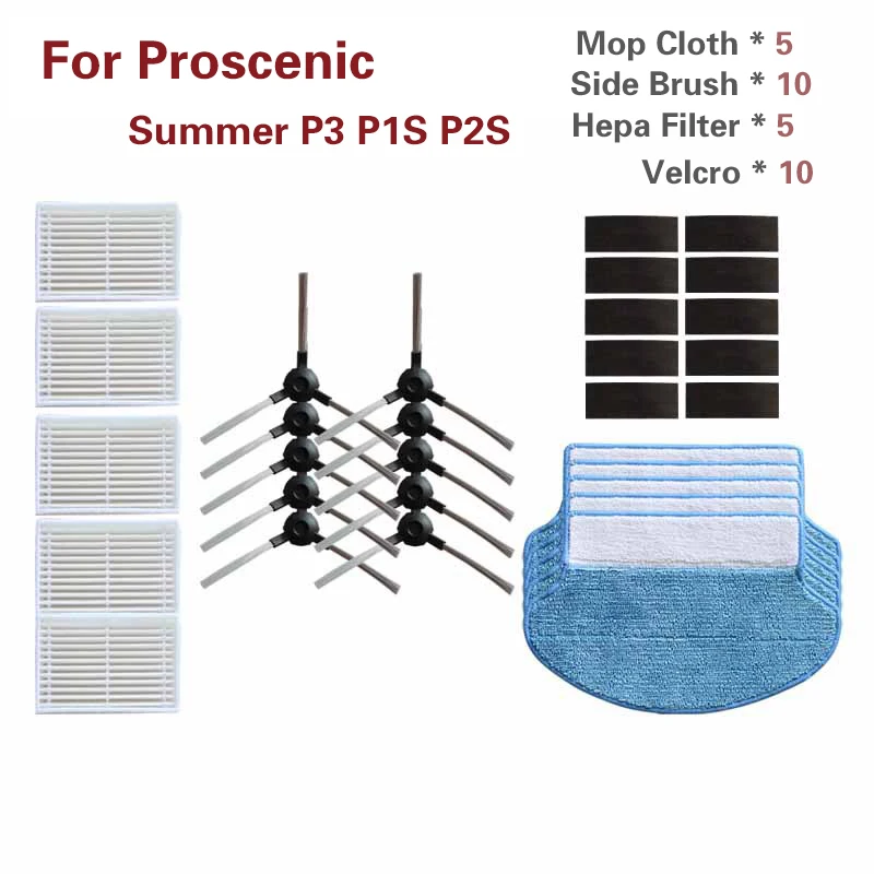 

5 hepa-фильтров + 10 боковых щеток + 5 шт. Запчасти для робота-пылесоса Proscenic P3 P1S P2S