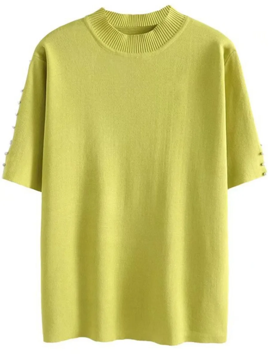 

Plus Size T-Shirt For Women Ice Knitted Button Split 2022 Summer Tees Casual Temperament Short Sleeve O-Neck Solid Color Tops