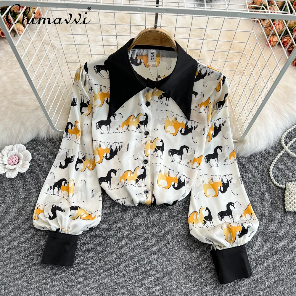 

2022 Spring New Animal Pattern Stitching Blouse Women Contrast Color Long Sleeves Button Up Shirt Lady Single Breasted Shirt Top