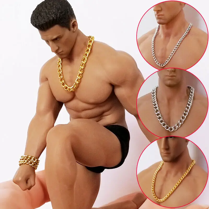 

1/12 Scale Men's Big Gold Necklace Bracelet Jewelry Model for 6" Doll