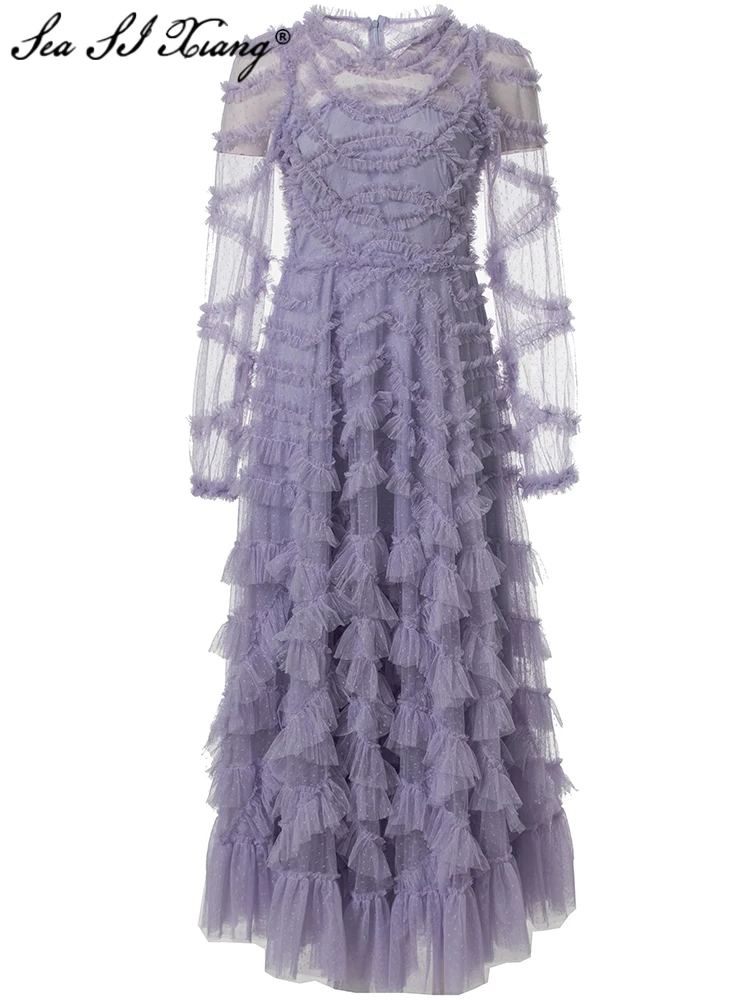 Женское Сетчатое платье в горошек Seasixiang дизайнерское Элегантное Длинное Платье