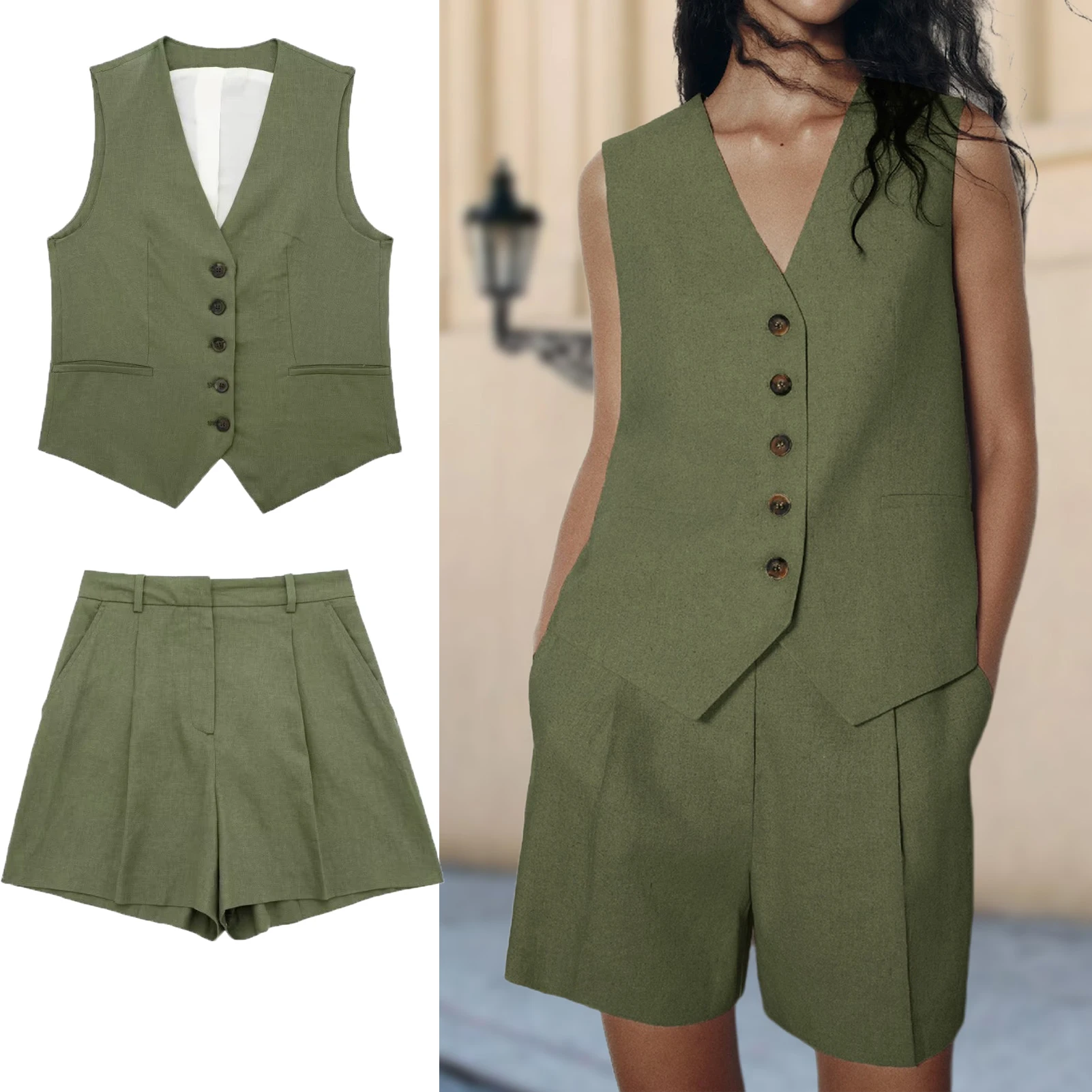 

Casual Sleeveless Waistcoat Two Piece Set Women Loose V-neck Single Breasted Vest Shorts Sets Womens 2023 Summer Green Lady Set