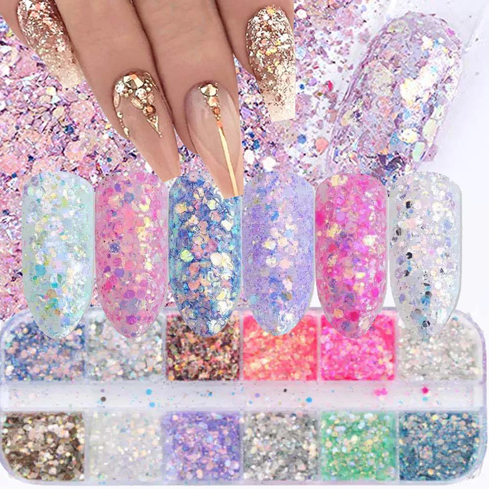 

12 Grids Set Holographic Nail Glitter Mermaid Powder Flakes Shiny Charms Hexagon Nail Art Pigment Dust Decoration Manicure Decor