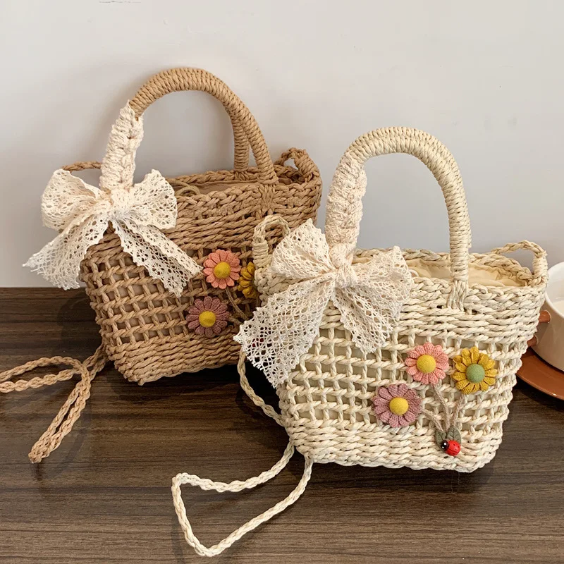 New 2023 Women Straw Shoulder Messenger Flower Bow Style Purses And Handbags Beach Shopping Bags For Young Gilrs