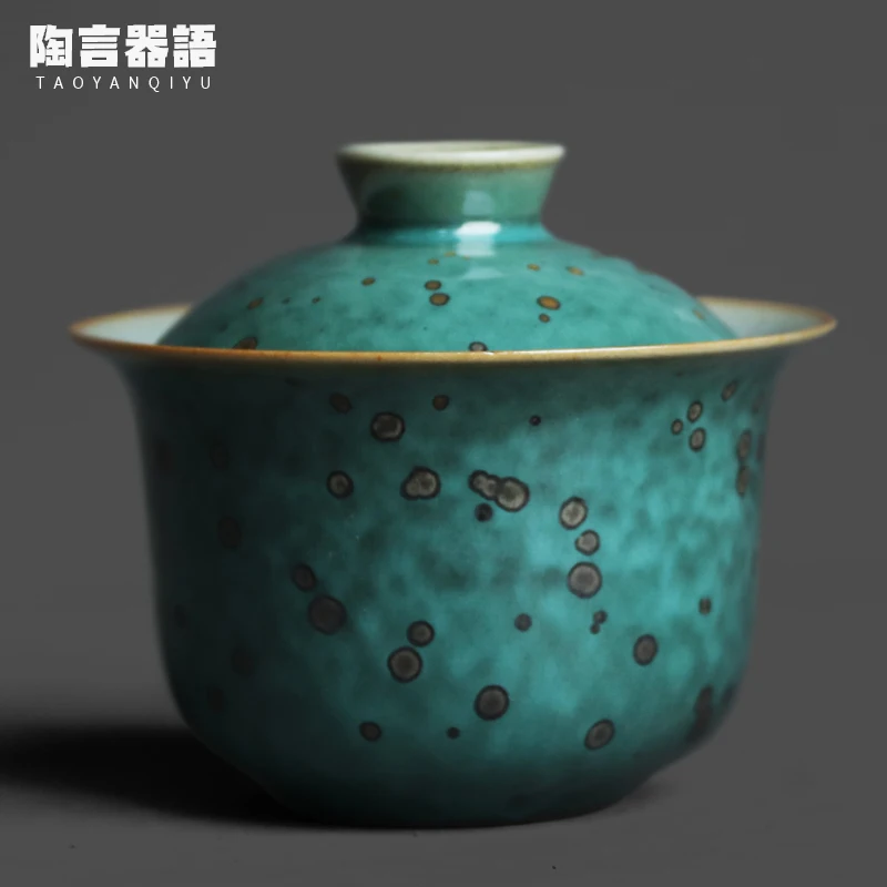 

Yuzhou Jun Kiln Green Yuanbao Hand Grabbed Covered Bowl Raw Mineral Glaze Crystallized Spots Tea Tea Bag Brewing Bowl