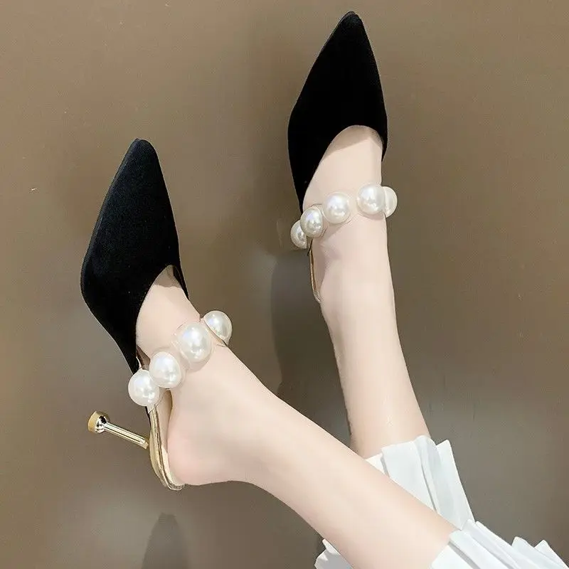 

Women's Slippers Pearl Lace Up Muller High Heels Summer Shoes Women's Pointed Toe Stiletto Heel Fashion Party Ladies Shoes