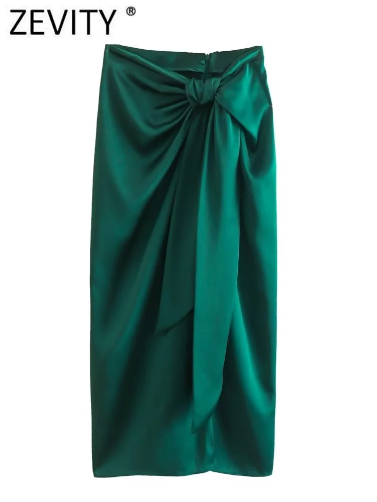 

Zevity женская мода, Мягкая атласная юбка миди с бантом и узлом, женские юбки, Шикарные Зеленые облегающие платья на молнии сзади QUN2687