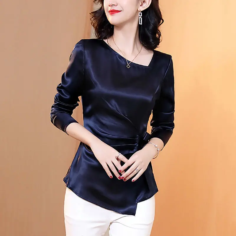 

Blue satin acetylic acid solid color t shirt top spring and autumn new light luxury waist slim shirt long sleeve T-shirt female