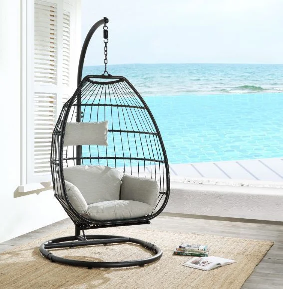 

Furniture Oldi Patio Hanging Chair with Stand, Beige Fabric & Black Wicker 45115