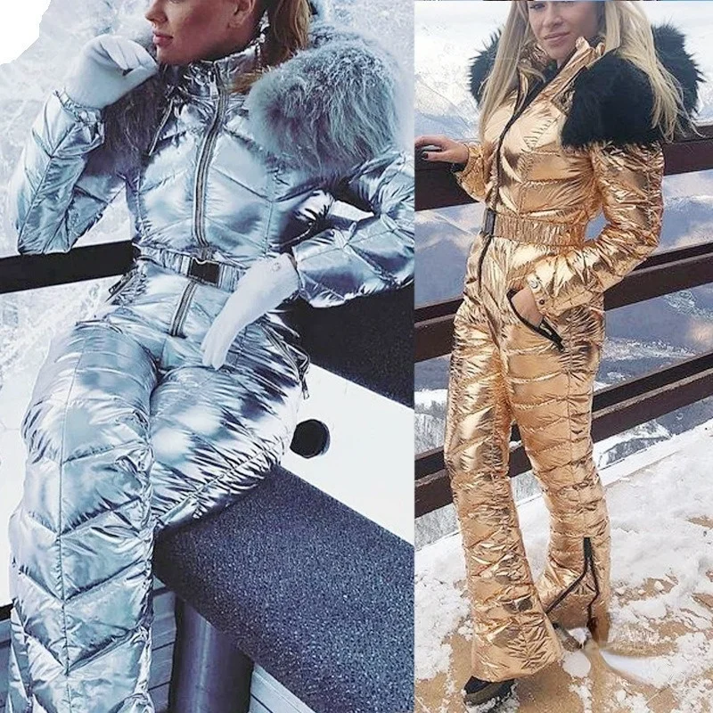 

Women Ski Suit Solid Color Zipper Winter Warmth Thick Casual Sports Fur Collar Hooded Warm Belt Shiny One-piece Cotton Suit