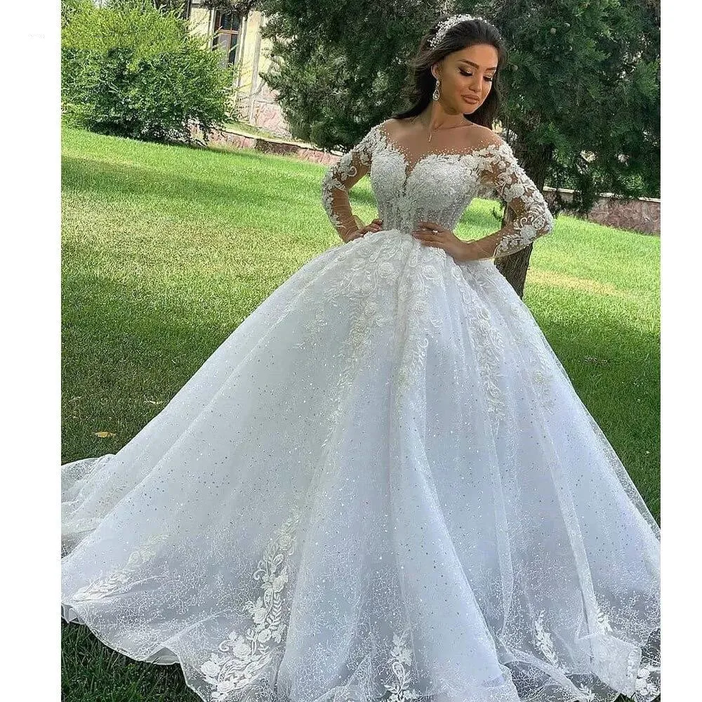 Princess Ball Gown Wedding Dresses 2022 O Neck Long Sleeves Vestido Casamento Lace Up Appliqus Beaded Bride Gowns Suknie Slubne