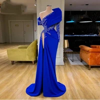 blue sex evening dresses 2022 one shoulder beaded with rhinestones high side split long sleeve prom dresses party gowns