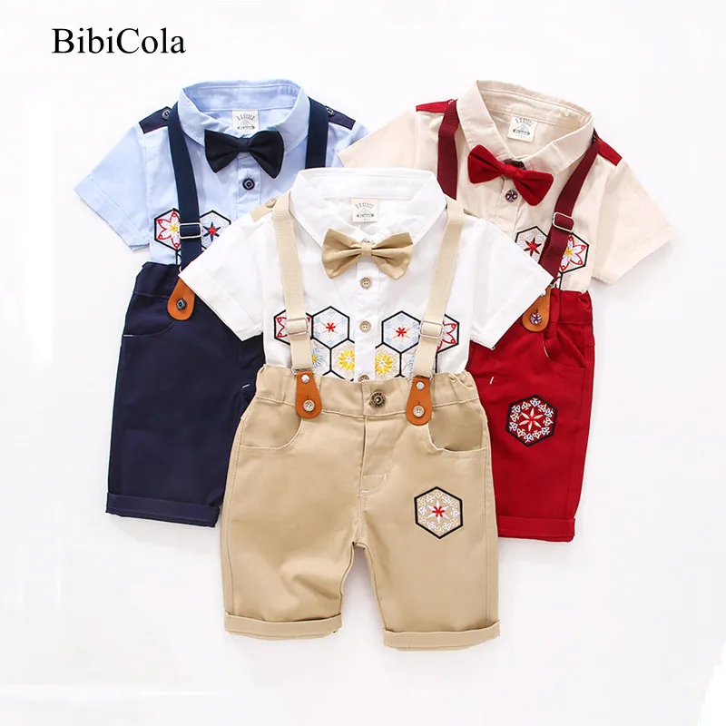 

Летний костюм для мальчиков, комплект одежды для малышей, хлопковая рубашка с короткими рукавами + комбинезон, комбинезон, комплект из 2 пред...