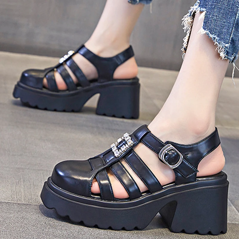 Rhinestones Deco Genuine Leather Punk Women's Sandals Soft Buckles Wearing Platform Buckle Casual Woman Sandals Female Shoes