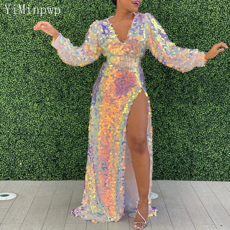 

Блестящие женские вечерние платья с V-образным вырезом, длинным рукавом, Боковым Разрезом, поясом, блестками, длинное официальное платье для...