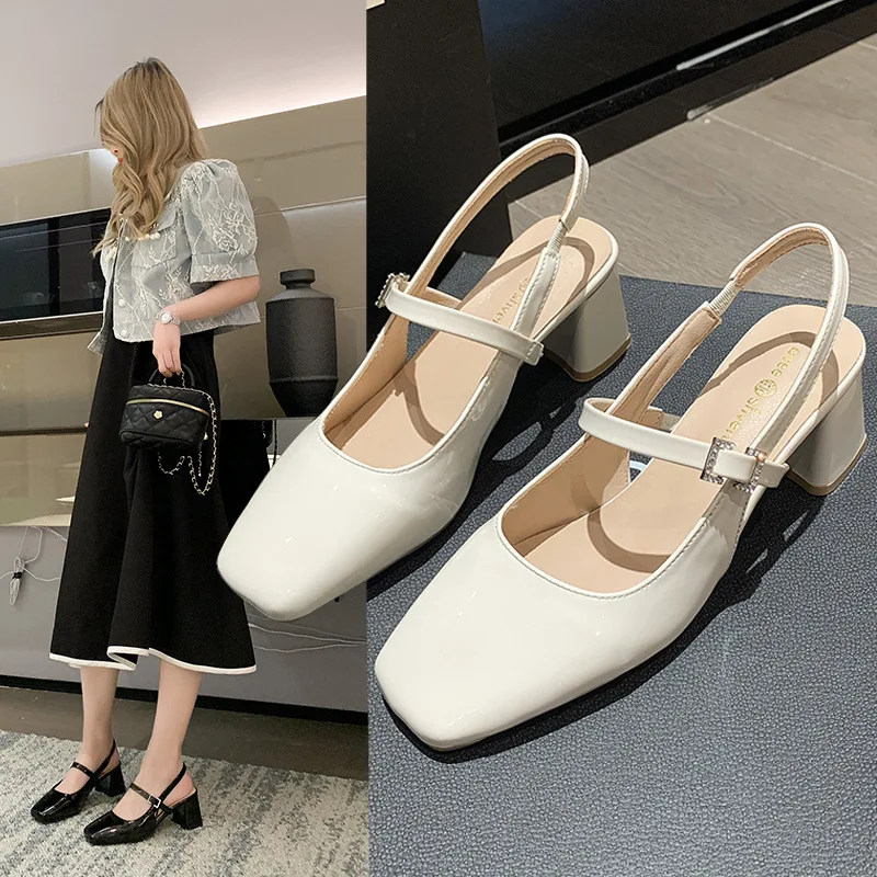 

Female Sandal Slip-on Loafers Summer Women's Strappy Heels Med Mary Jane Square Toe Shoes Lady 2023 Girls Elastic Band Comfort O