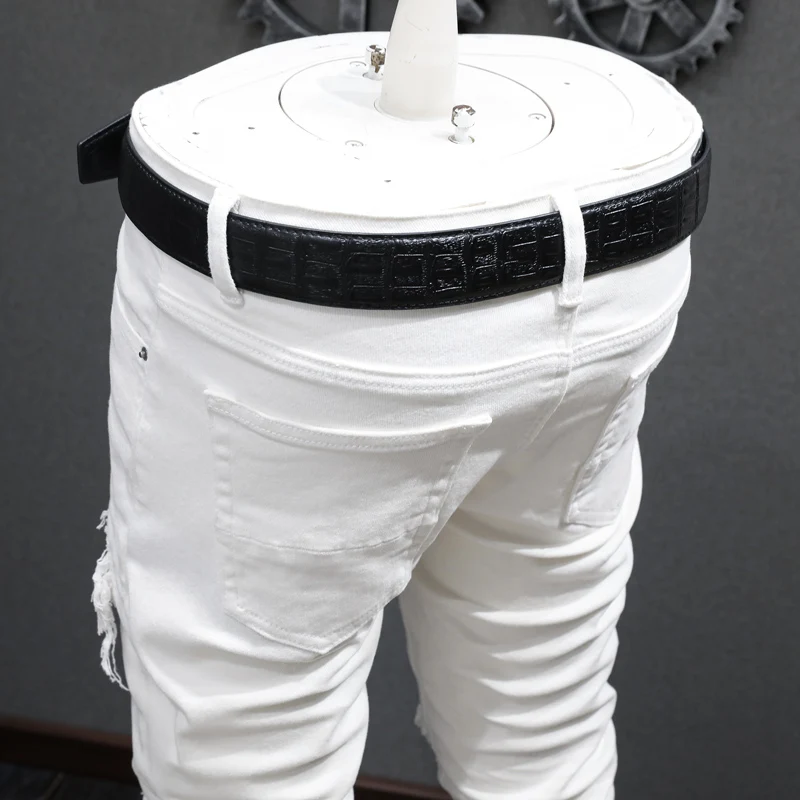 High Street Fashion Men Jeans White Elastic Stretch Skinny Fit Ripped Jeans Men Hole Patched Designer Hip Hop Brand Pants Hombre