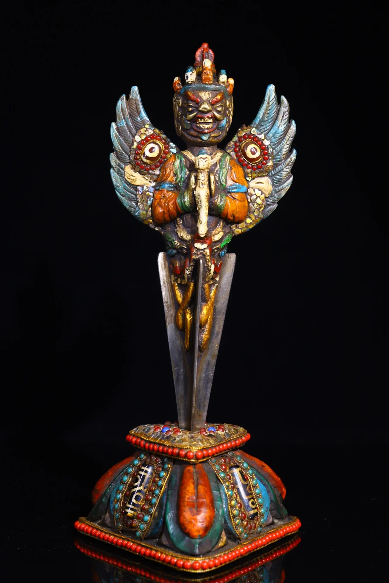 

8"Tibetan Temple Collection Bronze painting Garuda Dhwaja Roc golden winged bird Dorje Vajra Phurpa Dharma Town House Exorcism