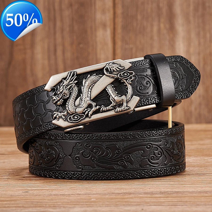 3.5cm Fashion Embossing Retro Male Belts for Men Business Cowhide Genuine Leather Belt Dragon Pattern Z Automatic Buckle Strap