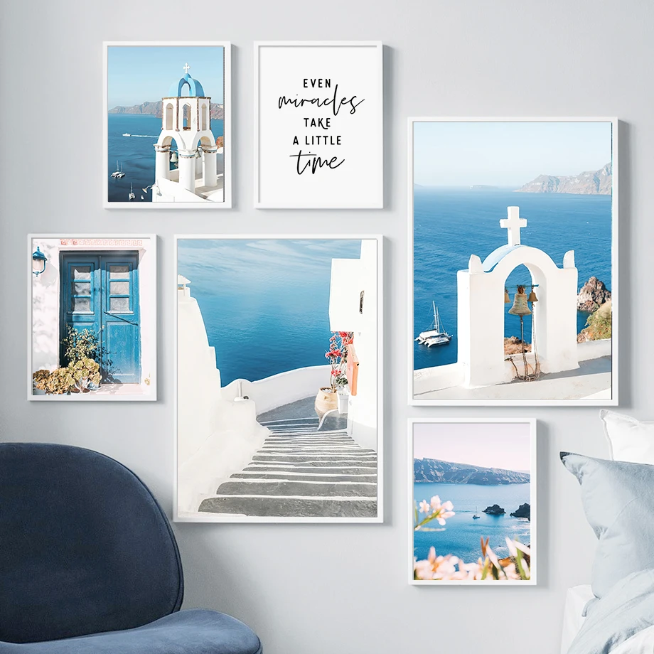 

Santorini Church Sea Flower Coconut Tree Wall Art Canvas Painting Nordic Posters And Prints Wall Pictures For Living Room Decor