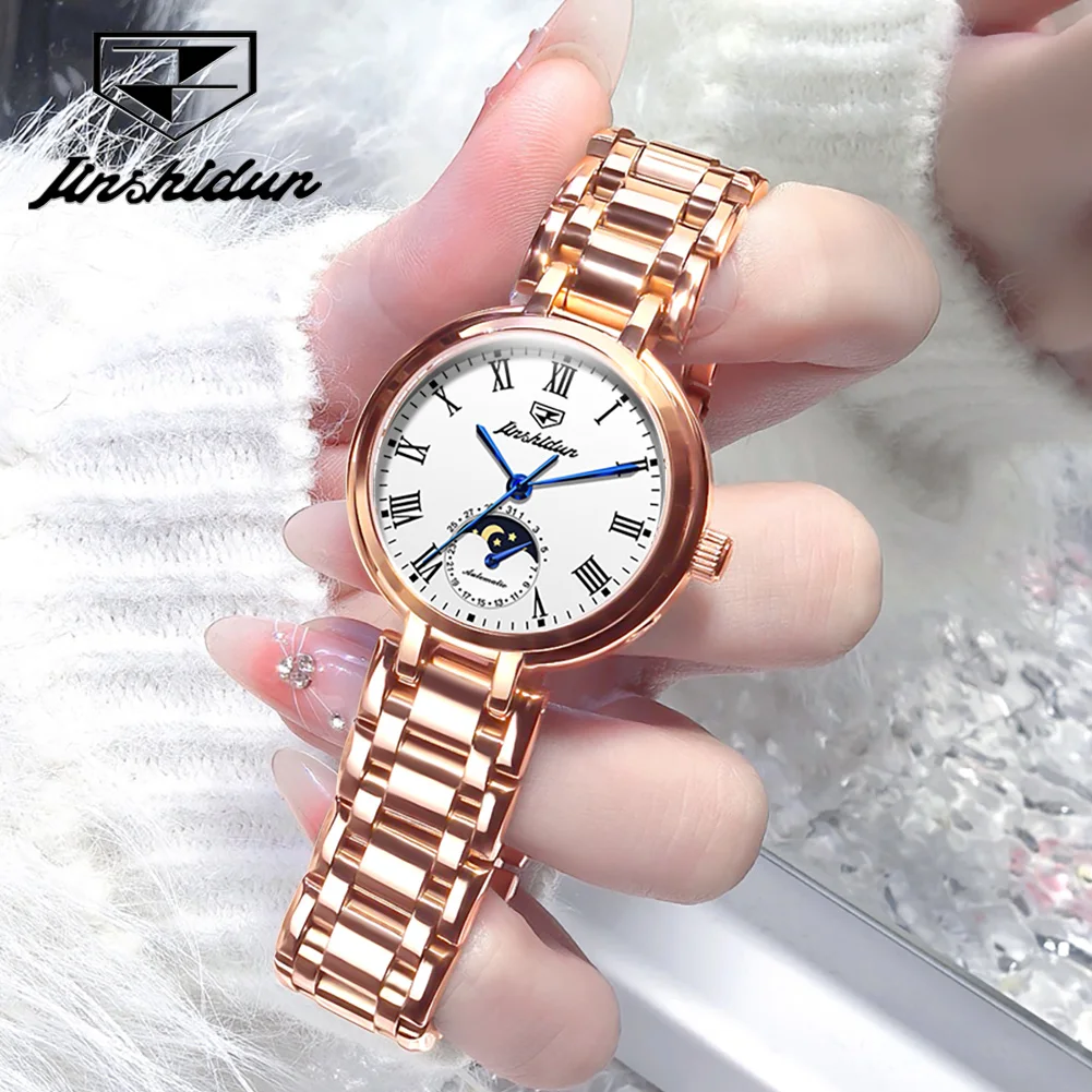 Фото JSDUN 8981 Elegance Luxury Оригинальные автоматические часы для женщин, водонепроницаемые, из нержавеющей стали, простые женские механические наручные часы №4