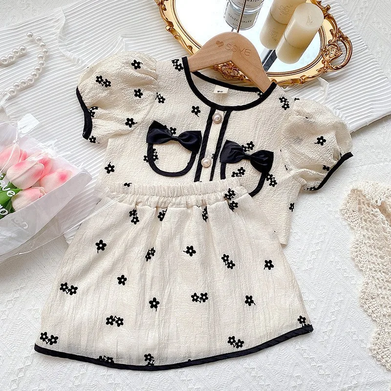 Summer Toddler Girls Clothing Set Short Sleeve Bow Tie Blouses + Floral Skirt 2PCS Suit Sets Children Clothing Kids Clothes Tops