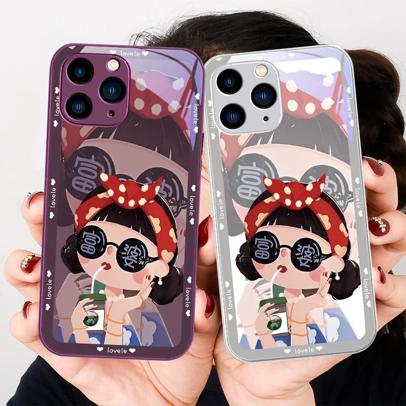 

Purple Tempered Glass Phone Case for Iphone 14 13 12 11 Pro Max X XS XR 7 8 Plus 2020 SEA Little Rich Woman with A Black Mirror