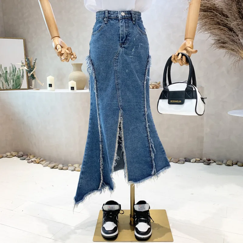

New Women's Clothing 2022 Spring Medium and long tassel split irregular denim skirt women's High Waist Hip Wrap Skirt