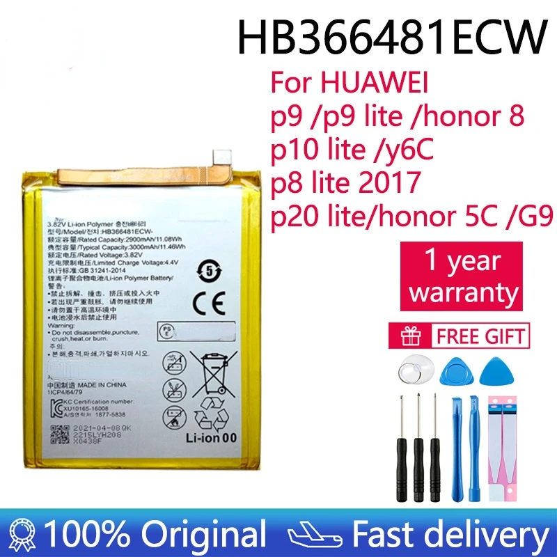 Batería de teléfono original, 100% mAh, para Huawei P9, P10, P20 Lite, P Smart Honor 8, 9, 5C, 7C Lite, 3000