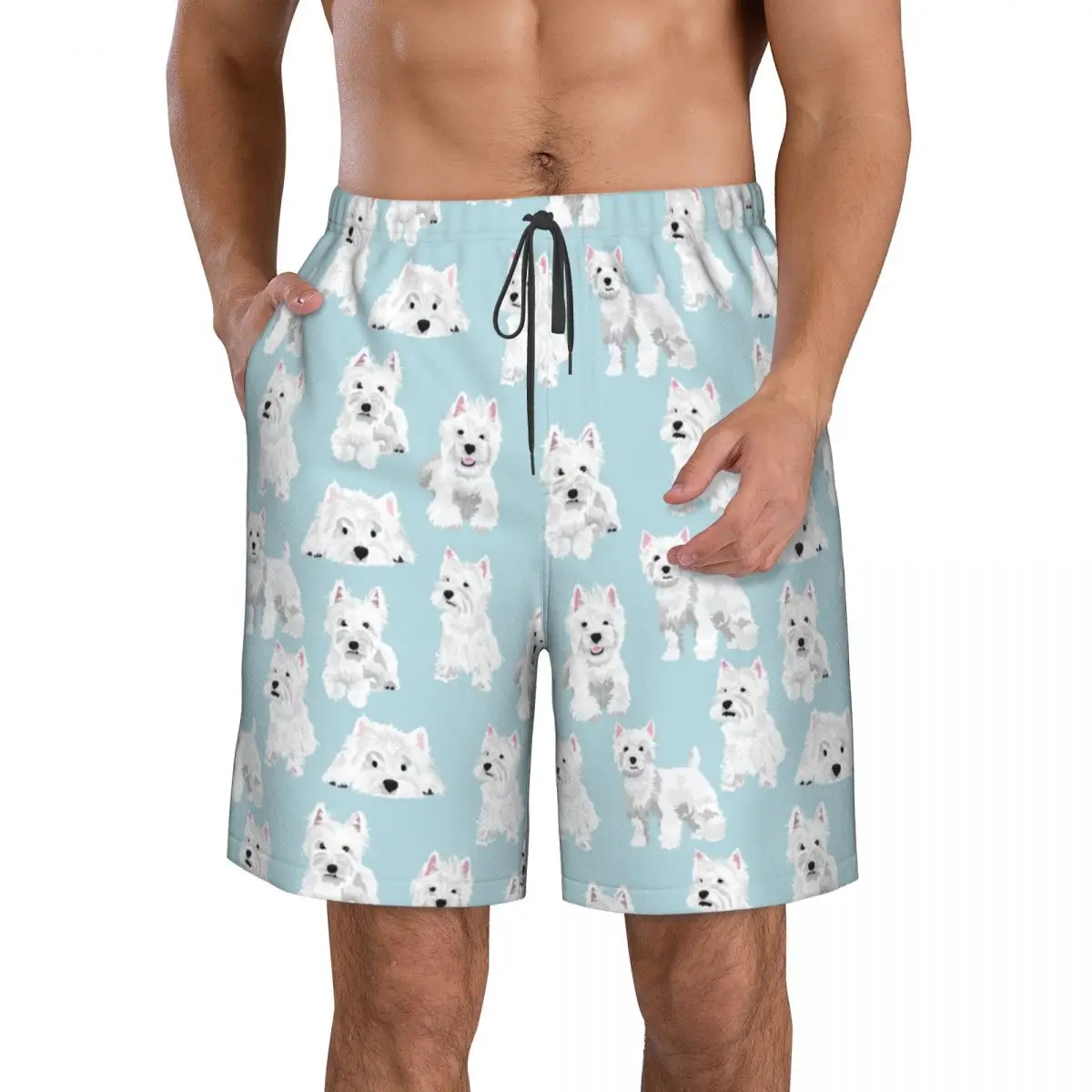 

Westie Puppy Beach Shorts Mens Mesh Lining Beach Pants West Highland Terrier Dog Board Shorts with Pockets Swim Shorts Summer
