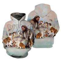 jesus surrounded by bulldogs 3d printed hoodies men for women unisex pullovers funny dog hoodie casual street tracksuit