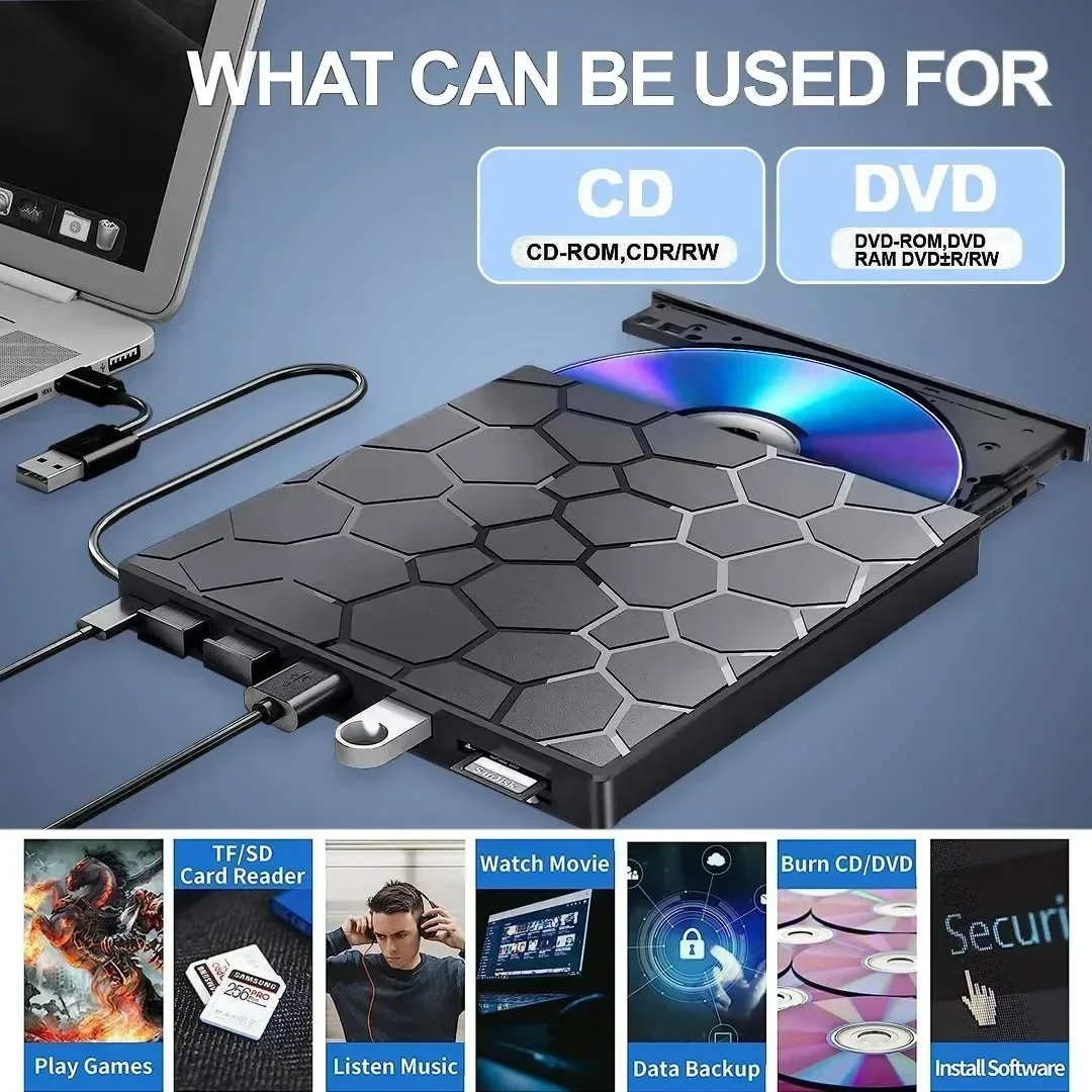 Фото Портативный DVD-плеер 7 в 1, внешний привод для компакт-дисков/DVD RW, USB 3.0, тип C, записывающее устройство для компакт-дисков, внешний привод для настольных ПК Mac, Windows Linux №5