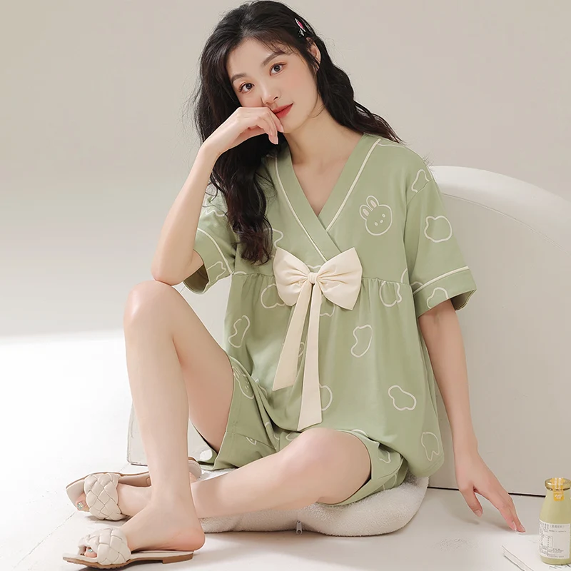 

Summer Comefortable Thin Cotton Pajamas Sets for Women V-neck Casual Breathable Sleepwear Short Sleeve Tee Shirt Pajama Set