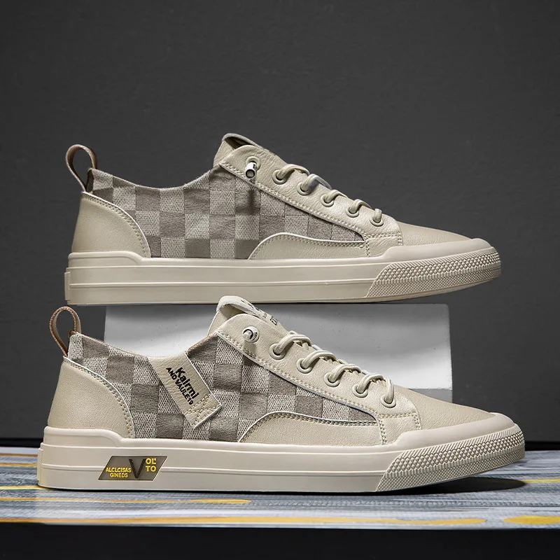 

Men Casual Shoes for Man Spring Fashion Plaid Flat Skateboard Shoes Street Trend Leather Sneakers