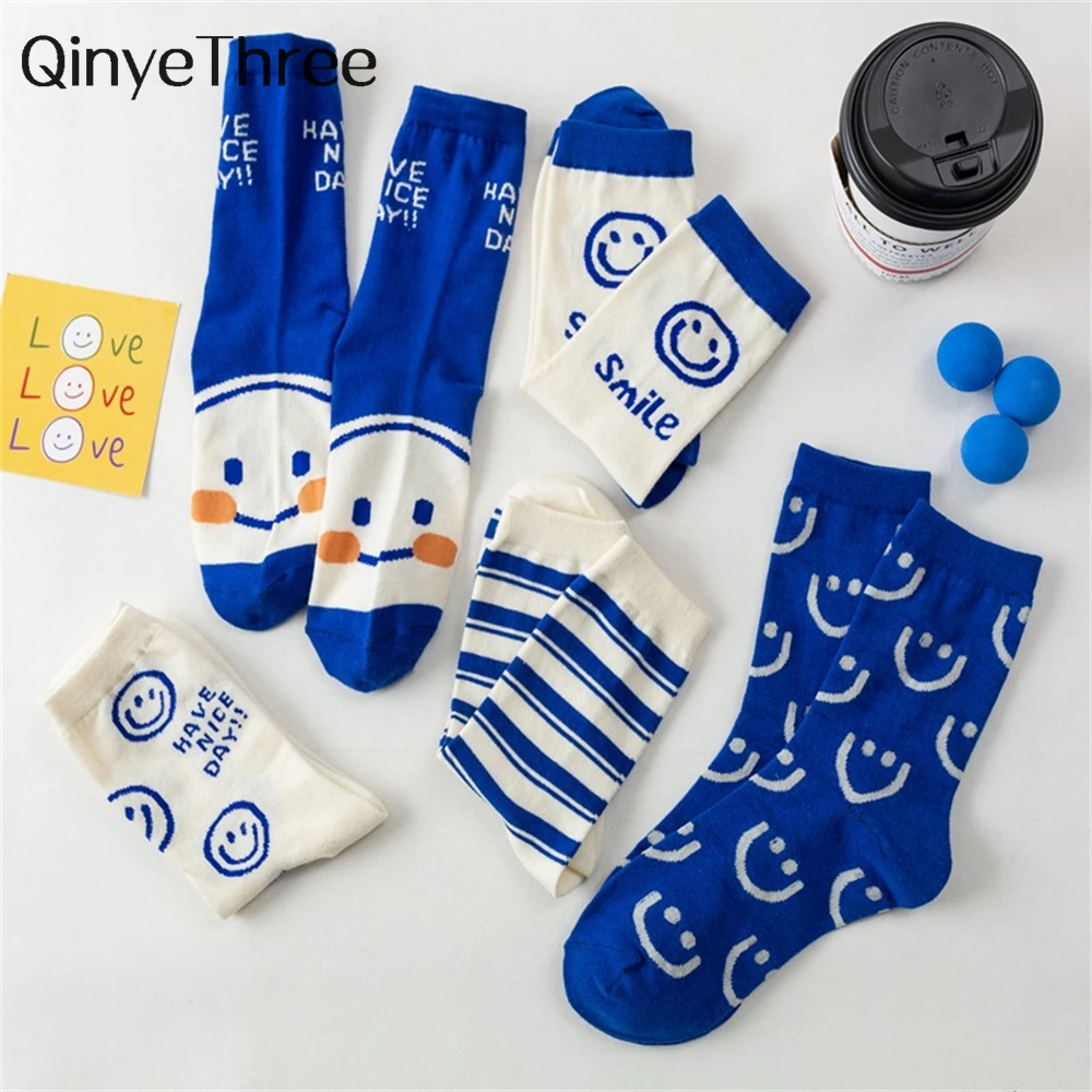

New Fashion Girls' Cute Smile Tube Socks Preppy Style Klein Blue Cotton Sokken All-Match Casual Sport Sox Dropship